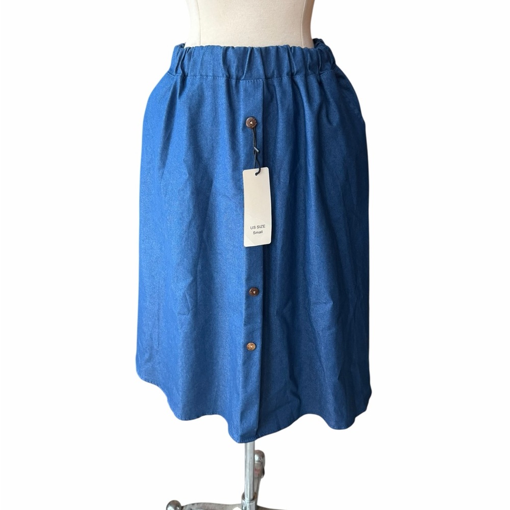 NWT Chartou Lightweight Denim Skirt w/Elastic Waist Hip Pockets Front-Button Clo